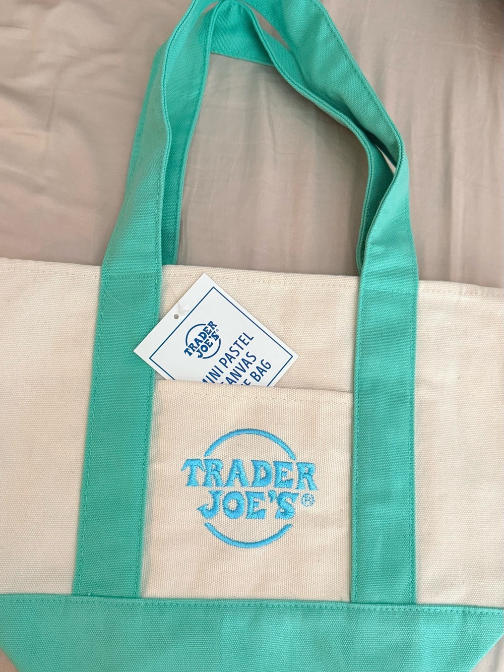 Cream and Teal Trader Joe’s mini Canvas Tote Bag